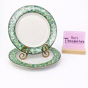 Sango PAVILLION 4856 Green Tan Scrolls Cream Center Ceramic Dinner Plates Set 2